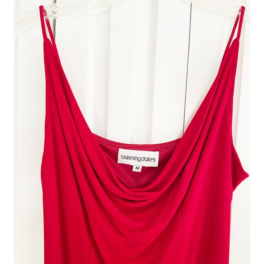 Bloomindales: Drape neck, red dress, figure trimming red lining size M.